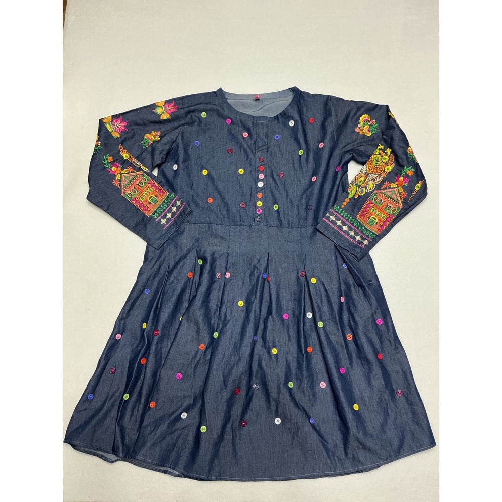 JK Collection Womens Chambray Dress Embroidered Floral Button Boho Folk Art XL